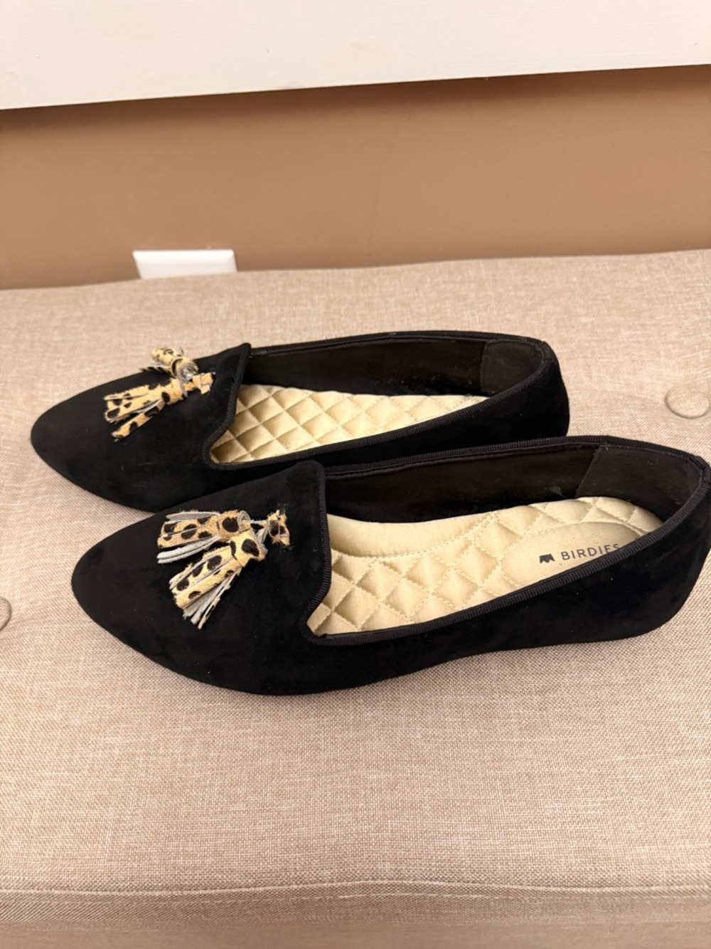 Birdies Black Suede Loafers with Leopard Tassels - Picture 3 of 4
